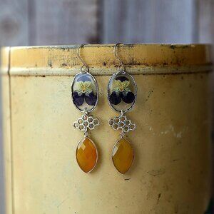 Silver Johnny Jump Up Violet + Mango Chalcedony Resin Pressed Flower Earrings